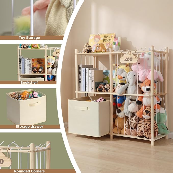 LAMU Stuffed Animal Storage and Kids Bookshelf, Wooden Toy Organizer with Large Toy Box Chest, Kids Bin Shelf Toys Box Bookcase, Stuffed Animal Zoo Holder for Bedroom Playroom Nursery
