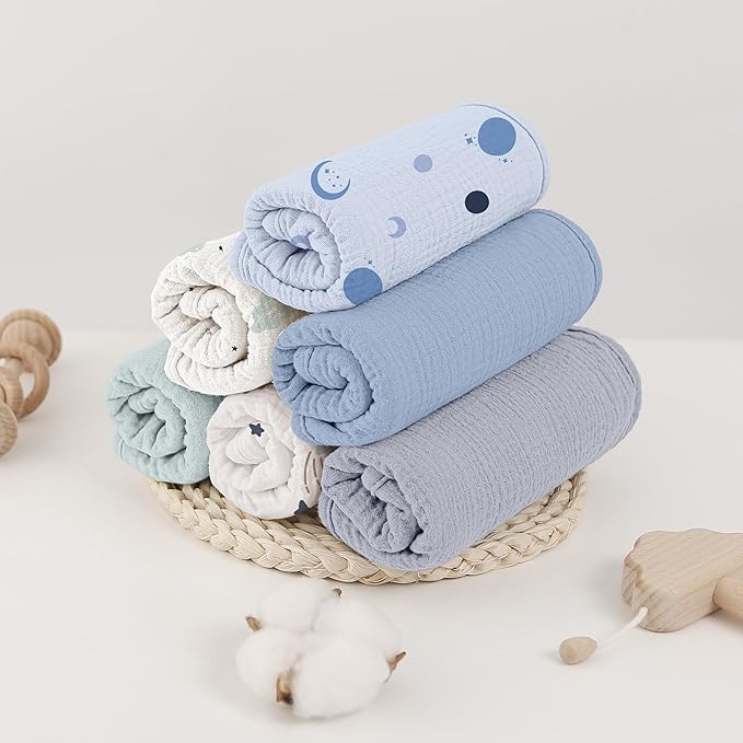 Bearmoss Muslin Burp Cloths, 100% Cotton Baby Burping Clothes, Large Extra Soft Absorbent for Unisex Newborn Boy and Girl, 20x10in, 6 Pack, Blue Print