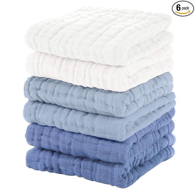 Unnivoll Muslin Burp Cloths Baby 12''X12'', Baby Washcloths 6 Pack, 100% Cotton Baby Wash Cloths Absorbent and Soft for Newborn Infants Kids Boys Girls - Gradient Blue