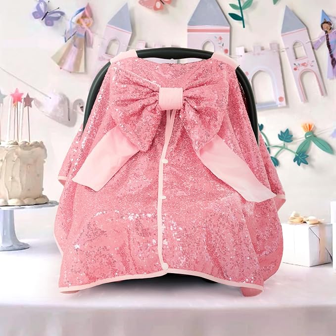 Baby Carseat Canopy Cover with Bow for Girls Boys with Bow Stroller and Cart Cover Carseat Nursing Cover Newborn Gift (Pink)