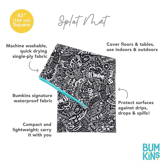 Bumkins Baby Splat Mat for Under High Chair, Babies Toddlers Eating Mess Mat, Waterproof Reusable Cloth for Arts and Crafts, Play Mat for Kids, Floors or Tables 42inx42in, Born This Way Be Kind Black
