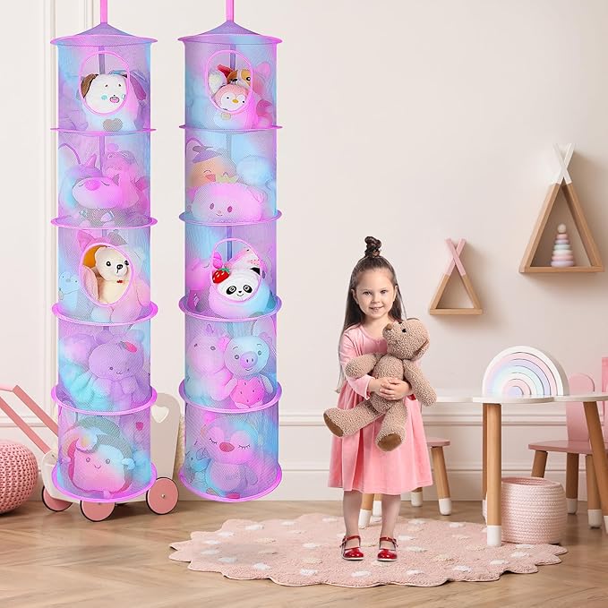 Basumee Stuffed Animals Net or Hammock 2 Pcs Stuffed Animals Storage Toy Net Hammock for Plushies Storage Organizer Mesh Kids Girls Room Decor, Blue and Purple, 5 Tiers