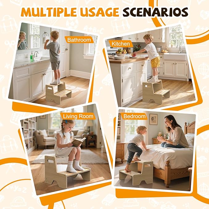 Uiirvdy Step Stool for Toddler, Sturdy Wooden 2-Step Stool with Anti-Slip Surface and Pads for Barthroom, Kitchen, Bedroom, Toilet, and Potty Training - 2 Pack