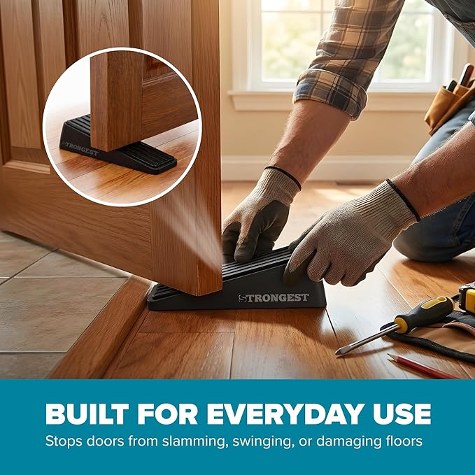 Strongest Home Heavy Duty Door Stop Wedge Made of Premium Quality Zinc and Rubber Suits Any Door, Any Floor. Set of 4 and Additional Self-Adhesive Wall Protectors