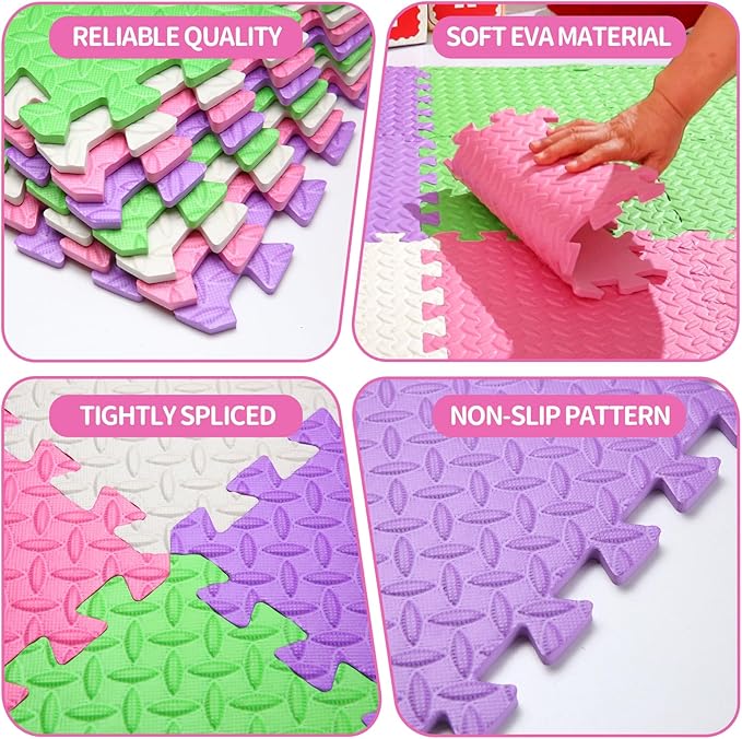 Coolcandy Baby Foam Play Mat 16Pcs with Edge Strips, 4 Colors Interlocking Floor Tiles, 0.4″ Thickened Non-Slip Puzzle Floor Mat for Infants Toddlers Playroom & Daycare