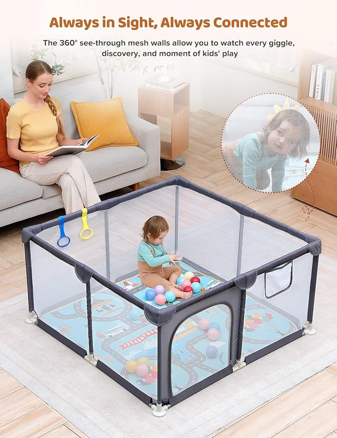Dripex Baby Playpen with Mat, 47"x47" Play Pen for Toddlers 1-3 Years, Soft Breathable Visible Mesh, Indoor/Outdoor Portable Play Yard with Mat, Safe Baby Fence Play Area, Grey
