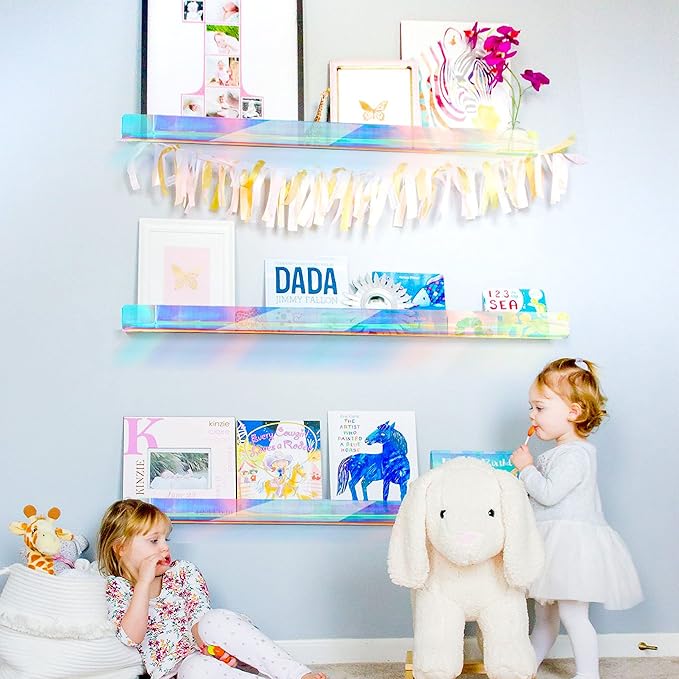 RORKIM 24 inches Iridescent Acrylic Bookshelf for Kids, Wall Mounted Kids Display Book Shelves for Room Nursery Toddler Classroom (2 Packs)