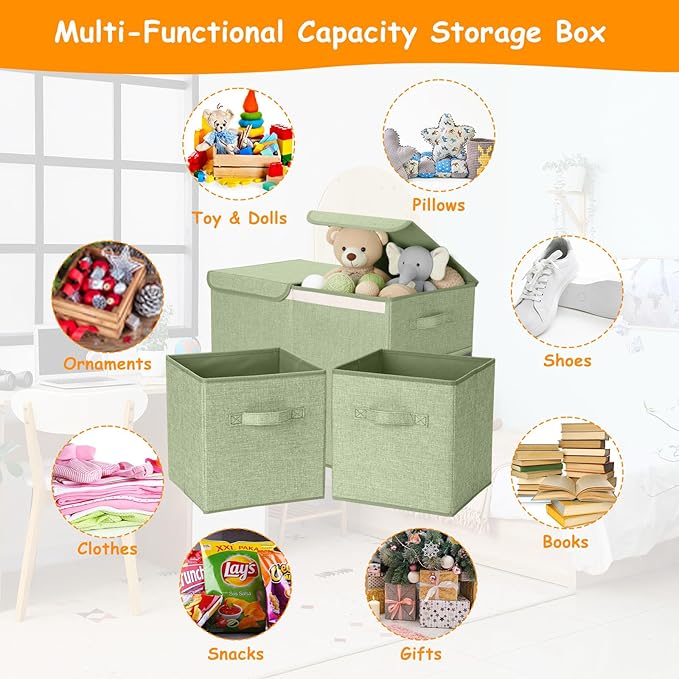 Fiwochic 3 Pack 23" Large Toy Storage Box with 11" Cubes Bins, Collapsible Toy Organizer Chest with Lids for Kids Nursery Playroom Bedroom Living Room Christmas Ornament Storage Box(Green)