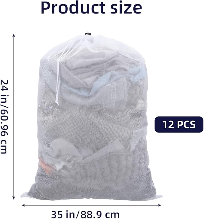 12 Pack Mesh Laundry Bag with Drawstring Closure, 24" x 35" Heavy Duty Extra Large Laundry Bags for Travel, Storage, College, Dorm and Apartment Dwellers, Machine Washable