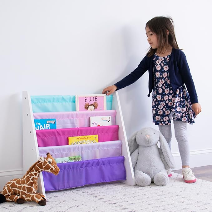 Humble Crew 4-Tier Kids Bookshelf, White/Pink/Purple/Blue - Premium Book Shelf for Kids Rooms with Four Deep Pockets - Toddler Sling Book Rack with Deep Sleeves, Nursery Bookcase Organizer