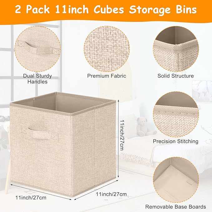 Fiwochic 3 Pack 23" Large Toy Storage Box with 11" Cubes Bins, Collapsible Toy Organizer Chest with Lids for Kids Nursery Playroom Bedroom Living Room Christmas Ornament Storage Box(Beige)