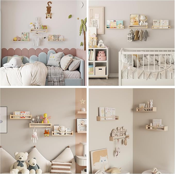 Heimlove Nursery Floating Shelves, Solid Wood Nursery Book Shelves for Wall, 16 inch Bookshelf for Kids, Wall Mounted Shelves for Books,Toys and Decor Storage, Set of 3