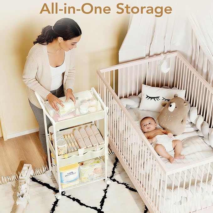 BBLIKE 3-Tier Diaper Caddy Organizer - Rolling Utility Baby Cart with Basket and Side Pockets for Nursery and Baby Essentials, Multi-Function Cart for Bedroom and Bathroom, Begie