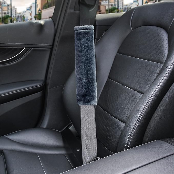 Amooca Soft Faux Fur Universal Fit Seatbelt Cover Car Truck SUV Airplane Seat Belt Shoulder Pad for Carmera Backpack Straps Neck Cushion Protector 2 Pack 10.5in Dark Blue Grey