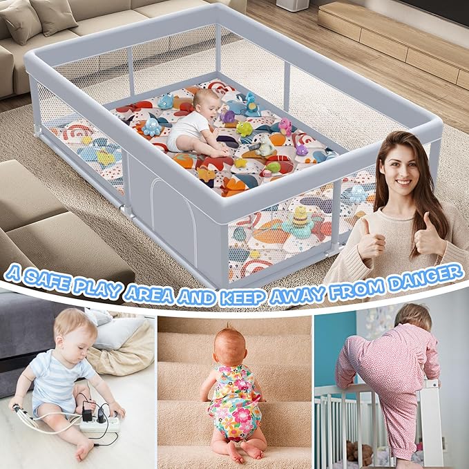 Baby Playpen with Mat, 65 x 50 Inch Play Pen Playards, Playpen for Babies and Toddlers, Baby Playard for Indoor & Outdoor Active Center Game Fence, Skin-Friendly Fabric and Soft Breathable Mesh