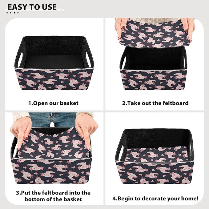 Emelivor Cute Axolotl Heart Black Storage Basket Bins Set (2pcs) Felt Foldable Storage Bins with Fabric Rectangle Storage Organizing Baskets for Office Bedroom Closet Babies Nursery