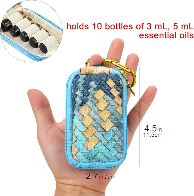 10 Holes Keychain Essential Oil Carrying Case, Portable Travel Essential Oil Pouch Storage Bag, Small Essential Oil Holder Organizer for 3 mL 5 mL Essential Oils Bottle (Blue)