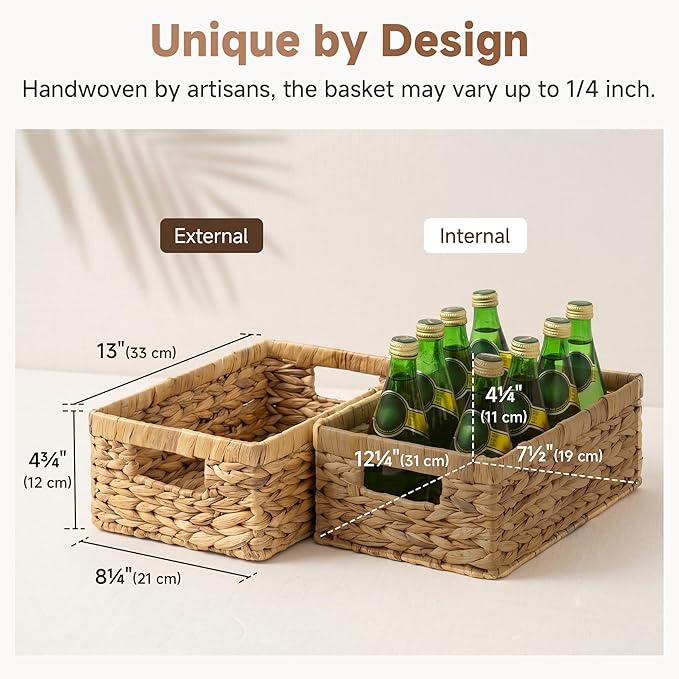 StorageWorks Rectangle Wicker Baskets for Organizing, Decorative Basket, Water Hyacinth Baskets with Handles, Wicker Storage Baskets for Shelves, 2-Pack, 13" L x 8¼"W x 4¾"H