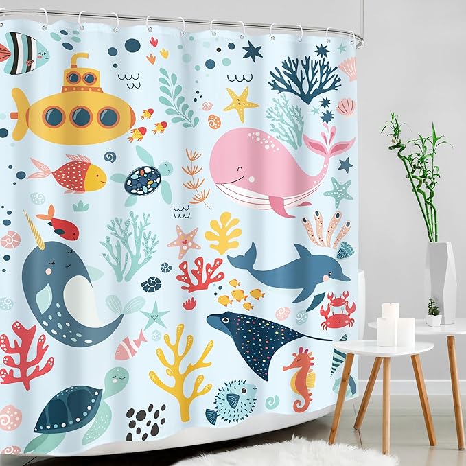 Blue Kids Shower Curtain 60Wx72H Kid Ocean Whale Funny Summer Cartoon Cute Fish Sea Animal Boy Girl Nursery Bathroom Decor Underwater Submarine Coastal Bath Curtain Polyester 12 Pack Hooks
