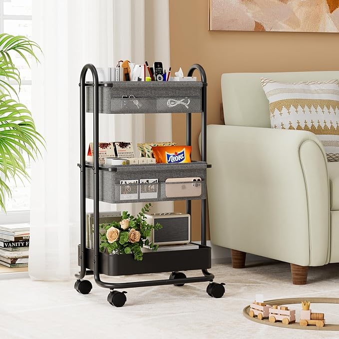 Baby Diaper Caddy Organizer Cart - 3 Tier Rolling Storage Cart with Wheels, Baby Essentials for Nursery Storage, Detachable Dividers - for Crib, Bedroom, Art & Craft Organizer (Black)
