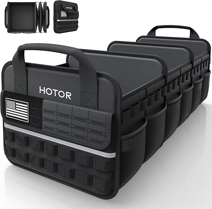 HOTOR Tactical Car Trunk Organizer - Foldable Trunk Organizer for SUV with Front MOLLE Pocket & Reflective Strips, Essential Car Accessories for Tools & Outdoor Storage, 12.8" x 32.3" x 11.0", Black