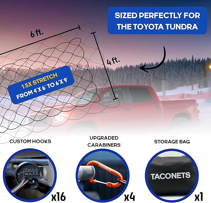 TacoNets Cargo Net for Toyota Tundra - Fits 2007-2025 - Patented Bed Rail Integration - Heavy Duty 8mm Premium Bungee 4'x6' Cargo Netting - Designed in USA