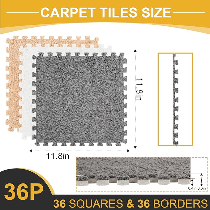 36 Pcs Plush Interlocking Carpet Tiles, Non-Toxic Foam Carpet Tile for Toddler Baby, Anti-Slip, EVA Foam Interlocking Tiles for Floor, Nursery, Playroom, Grey White Light Brown