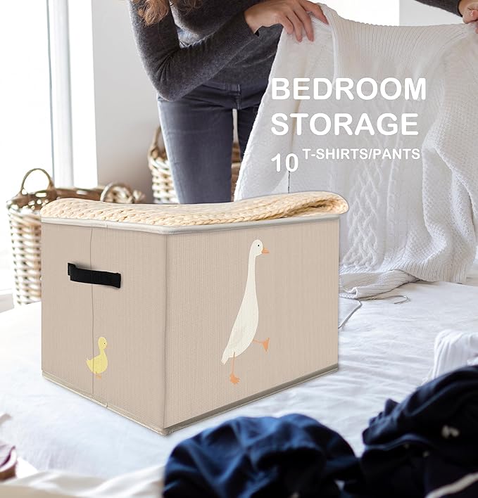 FDHSPAAM Cute Duck Nursery Storage Bins Box with Handles, Rustic Beige Farm Animal Collapsible Fabric Storage Basket Box Organizer for Bedroom Bathroom Clothes Toys Books