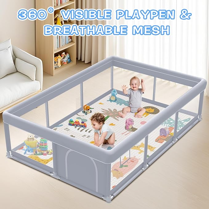 XVISHX Baby Playpen with Mat, 74 x 50 Inch Playpen for Babies and Toddlers, Baby Playard for Indoor & Outdoor Active Center Game Fence, with Skin-Friendly Fabric and Soft Breathable Mesh, Grey