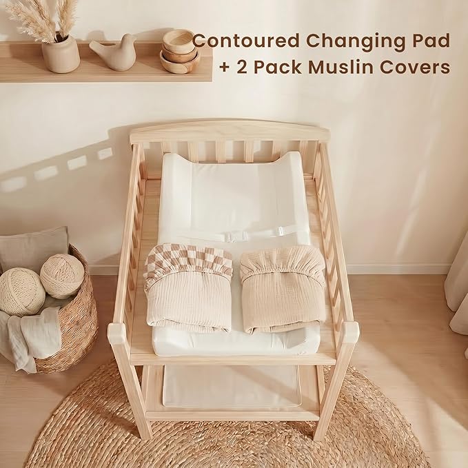 Konssy Muslin Changing Pad with Waterproof Lining Foam, Includes 2 Pack Soft & Cotton Cover, Baby Diaper Changing Pad for Dresser or Table, 32x16 inches (Coffee Check, Cream)