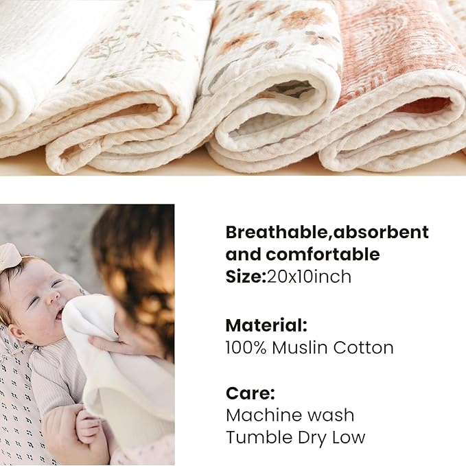Konssy 6-Pack Muslin Baby Burp Cloths, Large 100% Cotton Burping Clothes, Soft & Absorbent for Newborns, Baby Boys and Girls