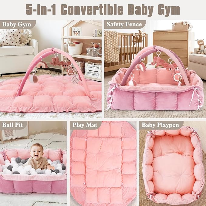 5-in-1 Plush Baby Play Gym, Baby Play Mats, Convertible Baby Gym, Tummy time mat, 6 Sensory Toys, Activity Center, Ball Pit, Light Pink