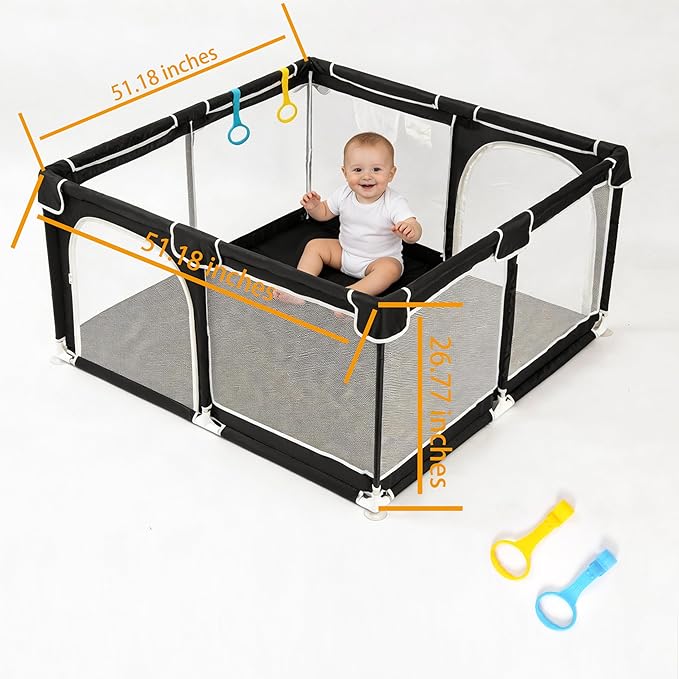 TOMBOSS 50x50 Baby Playpen, Portable Play Yard for Toddlers 1-3, Breathable Mesh Playard, Indoor & Outdoor Play Fence with Pull Rings, Sturdy Activity Pen