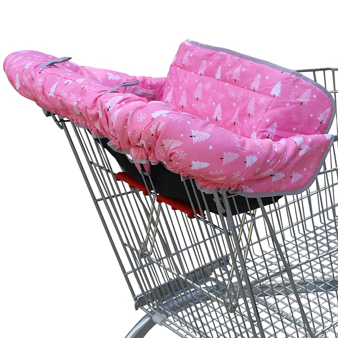 2-in-1 Shopping Cart and High Chair Cover-Grocery Cart Cover for Babies Toddlers Infants Resturant Highchair Cover-Padded Folds to Portable Pouch for Baby Boy Girl (Pink Tree)
