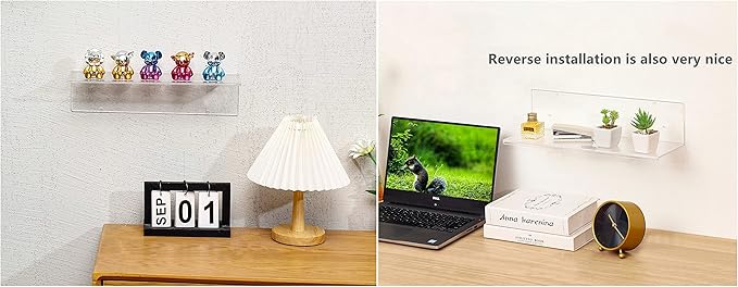 CY craft Clear Floating Shelves Display Ledge,2 PCS Decorative Wall Storage Shelves with Detachable Towel Hooks,Damage Free Adhesive Acrylic Wall Mounted Shelves for Bathroom,Kitchen,Bedroom or Office