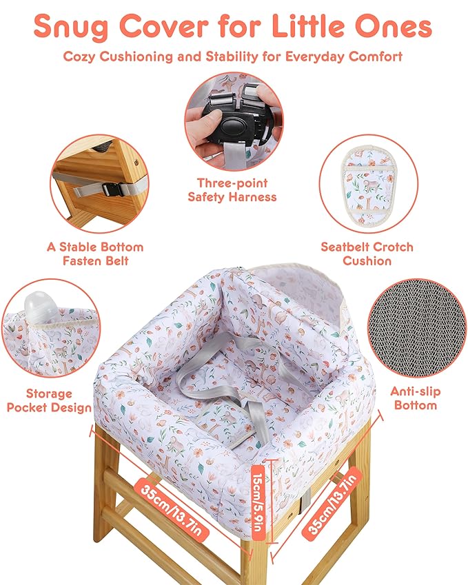 High Chair Cover Portable with 3-Point Harness, Waterproof Baby Seat Cover for Restaurant Travel Home Use, Machine Washable, Fits Wooden Chairs (Yellow Animal)