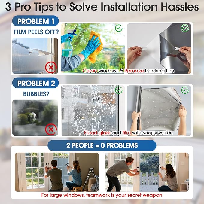 SUNBABY Window Tint for Home, One Way Privacy Film Heat & UV Blocking, Static Cling No Glue Renter Friendly Cover for Home Bedroom, Office & Sliding Glass Door, 17.5 x 118.1 Inch with 3 Tools, Silver