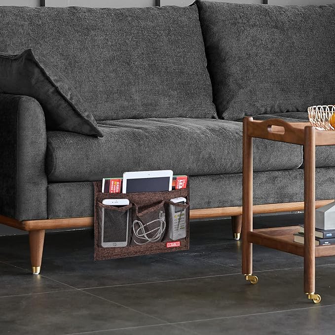 Linen 4 Pockets Bedside Caddy, Bedside Storage Organizer for Magazine, Remotes, Phone (Coffee, Classic 4 Pockets)