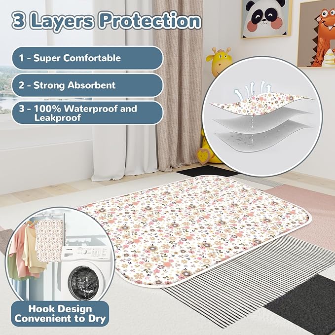 Coinarin Baby Diaper Changing Pad – 31.5" x 21.5" Extra Large Waterproof Absorbent Portable Changing Mat, Reusable Changing Pad Liner for Travel or at Home Use(Floral2)