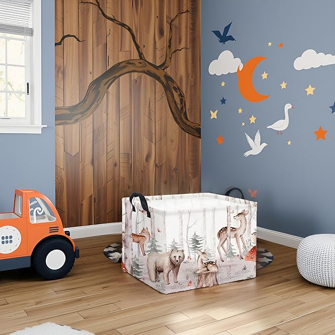 TIBAOLOVER Rectangular Woodland Animal Basket Kids Baby Storage Basket Cute Storage Bin Organizer Shelf Book Woodland Room Decor(Woodland Animal)