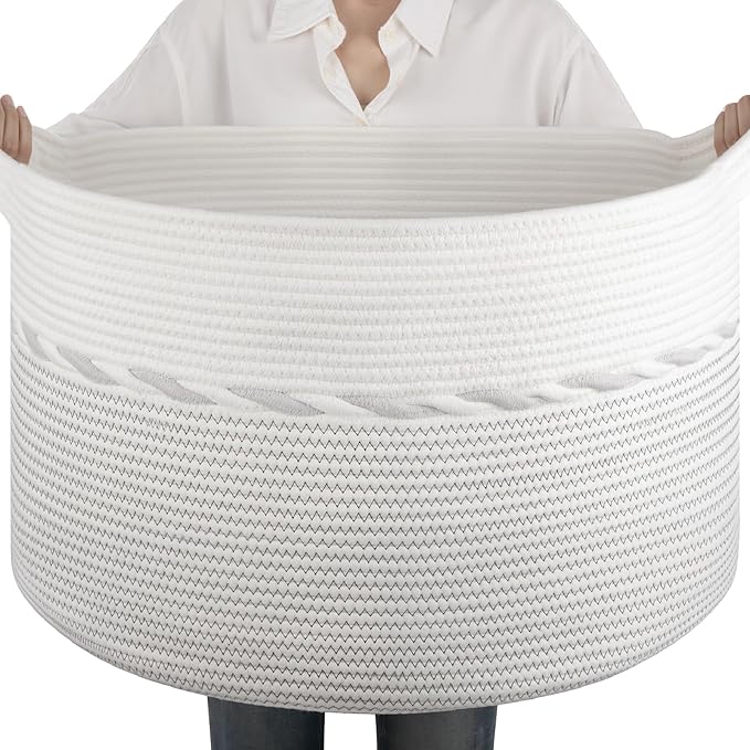 OIAHOMY 90L Blanket Basket for Living Room, Large Basket 23" x 23" x 13" with Handle, Laundry Hamper for Blankets, Pillows, Toy Storage for Kids, Dogs - Light Grey & White