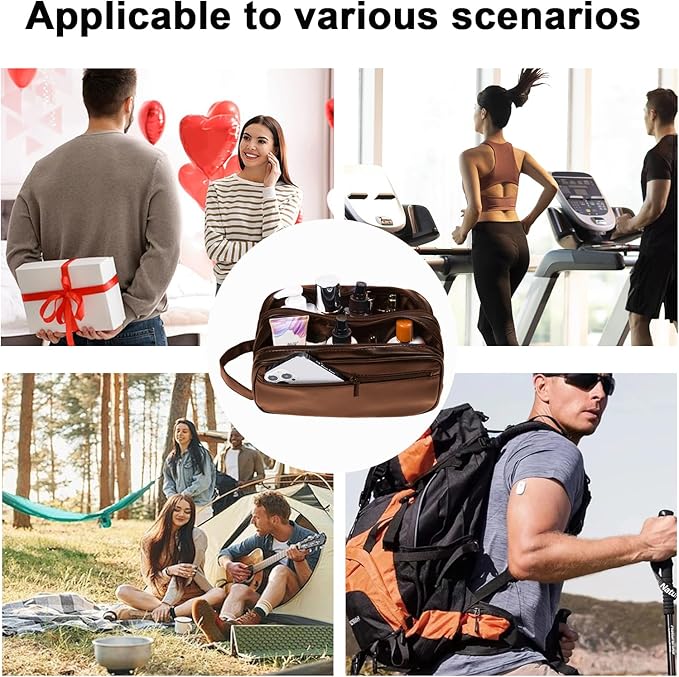 Mens travel toiletry bag, Gift For Men，PU Leather Water Resistant Cosmetic Bag Pouch Dopp Kit Shaving Bag with Large Capacity for Toiletries Accessories(Brown)