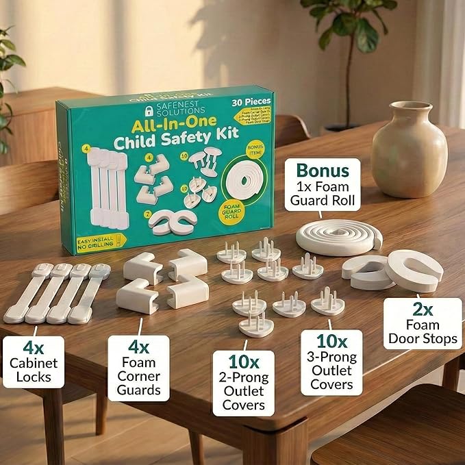SafeNest All-in-One 30pc Child Safety Kit, Ultimate Bundle, No Drilling Easy Install, Home Baby Proofing Essentials, Corner Guards, Outlet Covers, Cabinet Locks, Door Stops