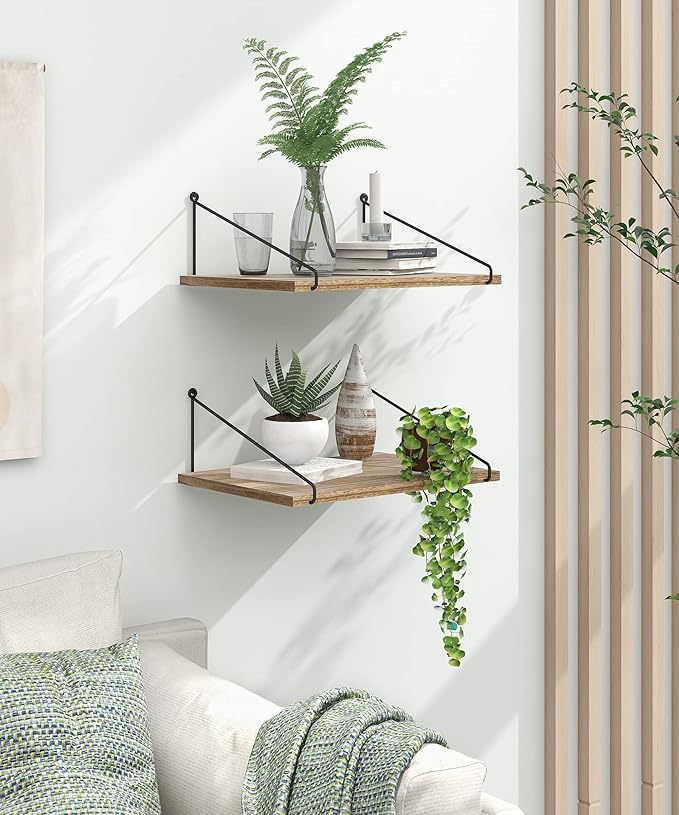 Afuly 12 Inch Deep Floating Shelves for Wall, Rustic Farmhouse Wall Mounted Hanging Shelf Large Wood Organizers Bookshelf, Set of 2