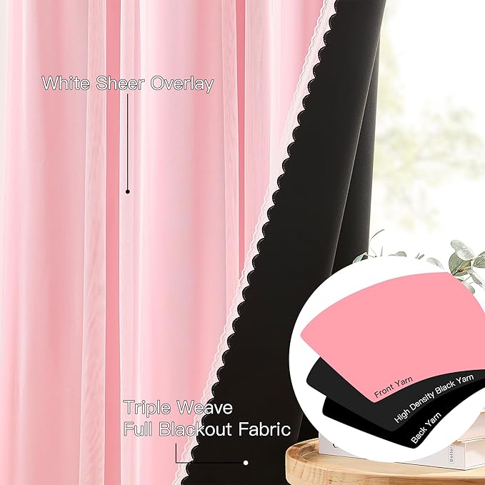 XiDi Pink Curtains Blackout 84 Inches Long for Girls Bedroom Living Room 2 Panels Grommet Thermal Insulated Double Layer Cute Girly Nursery Curtains with Sheer Overlay for Kids Princess W52XL84