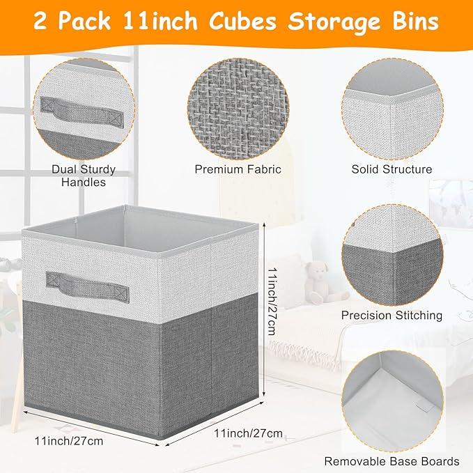 Fiwochic 3 Pack 23" Large Toy Storage Box with 11" Cubes Bins, Collapsible Toy Organizer Chest with Lids for Kids Nursery Playroom Bedroom Living Room Christmas Ornament Storage Box(Grey White)