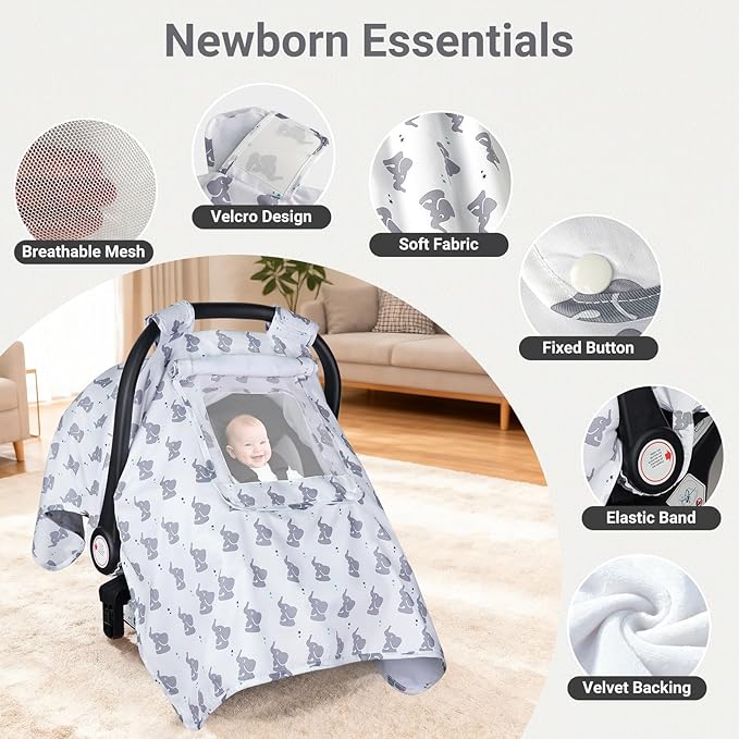Car Seat Cover Baby, Carseat Covers Baby with 2 Layers Breathable Windows, Windproof Infant Car Seat Cover, Kick-Proof Baby Carrier Cover for Baby Boy Newborn Essentials