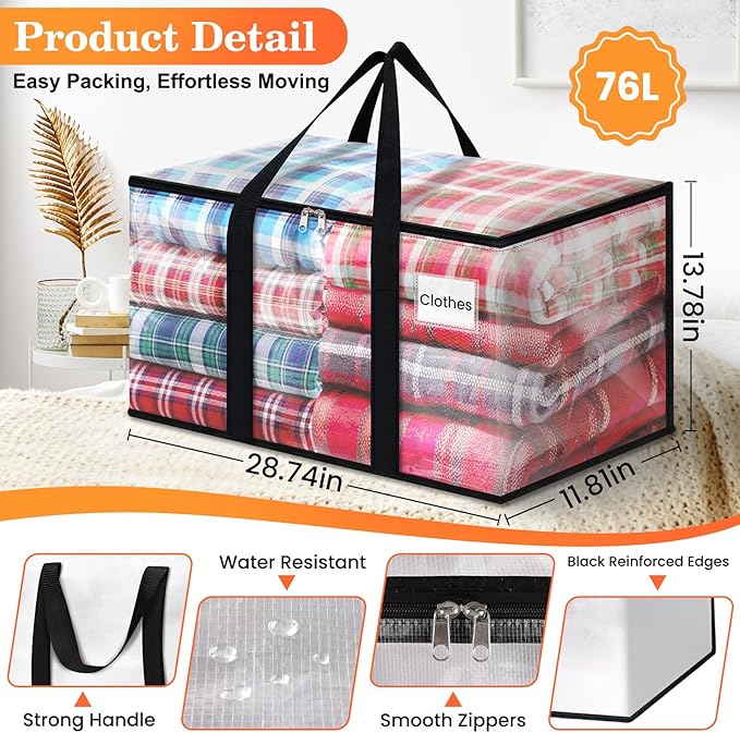 Extra Large Heavy Duty Moving Bags, Storage Bags with Strong Zippers & Handles, Packing Bags for Moving Essentials, Ideal Storage Tote for Home, Dorm & Storage Solutions, 76L, 8 Packs, Clear