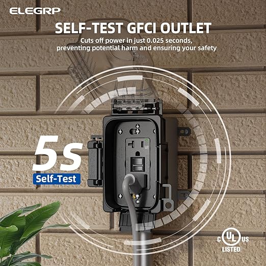 ELEGRP Outdoor GFCI Outlet with in Use Cover and Box Kit, 1 Gang, 20 Amp TRWR Self-Test GFI Receptacle, Extra Duty Metallic Electrical Outlet Box, Lockable in Use Cover, UL Listed, Black, 1 Pack