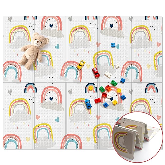 71x59 Foldable Baby Play Mat, Foam and Waterproof Playmat for Floor, Babies Activity Tummy Time Playmats, Portable & Anti-Slip Crawling Mats, Reversible Floor Mat for Kids, Infant, Toddler(Rainbow)